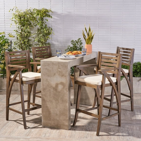Outdoor Acacia Wood Barstool with Cushion,Cream,Grey