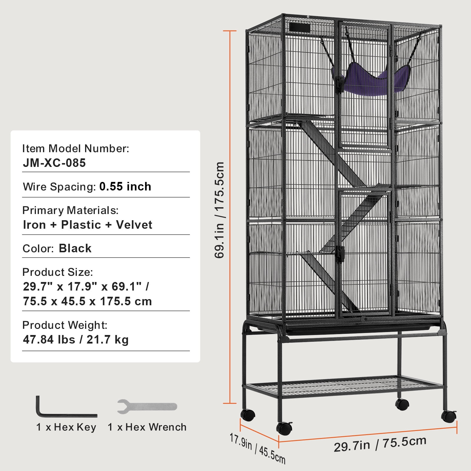 KFFKFF 69" Metal Cage on Wheels, Spacious 4-Level Habitat for Small Pets, Includes Ramps & Tray, Simple Assembly, Ideal for Ferrets, Rats, Guinea Pigs, Chinchillas, Squirrels, Hedgehogs, Bunnies