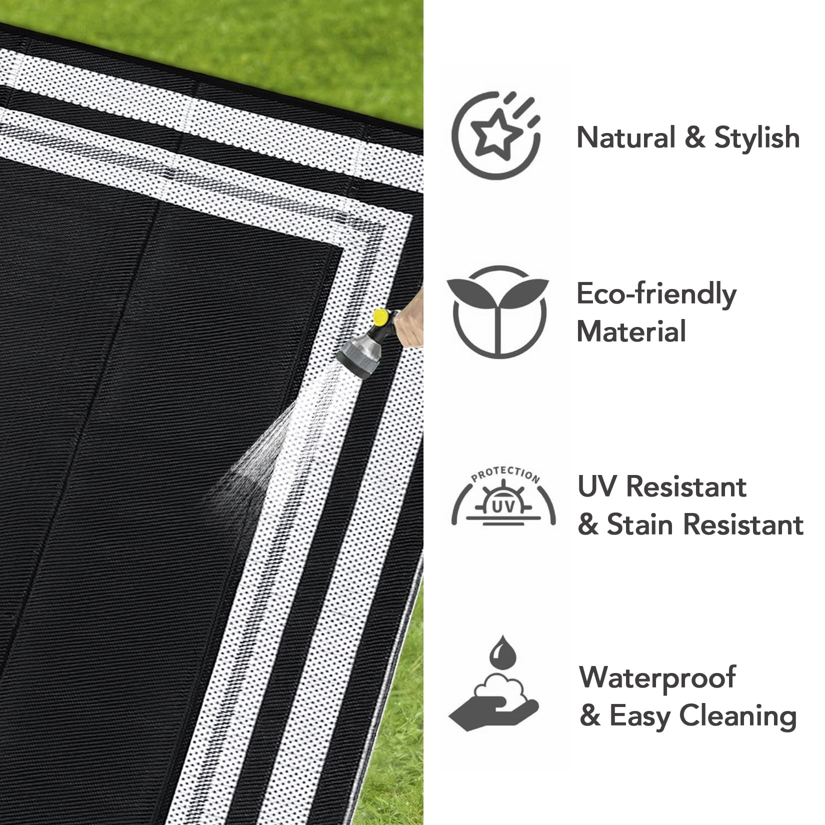Gavee 10'x14' Waterproof Outdoor Rug, Reversible Patio Area Rug Indoor Outdoor Carpet, Plastic Modern Geometric Carpet for RV Camping Deck Balcony, Porch, Picnic, with Storage Bag, Black and White