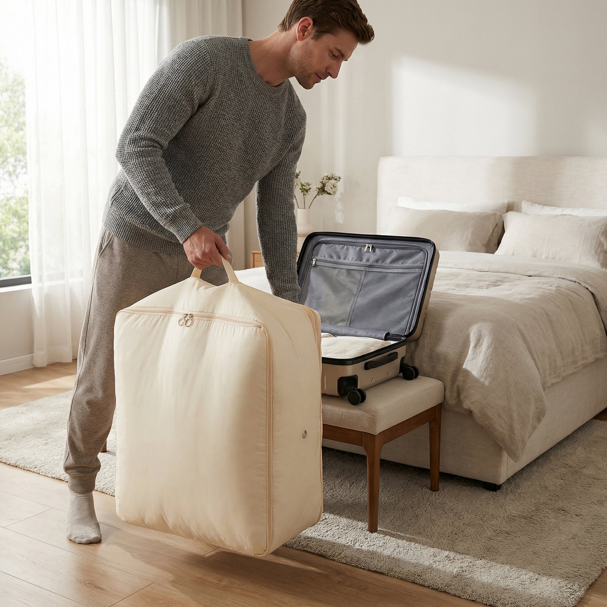 Unique Bargains Foldable Storage Bags Ideal for Organizing Bedroom Beige 21.3"x16.5"x23.6"