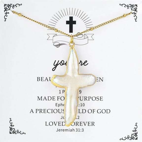 Pearl Cross Necklace for Women Gifts for Christmas Freshwater Natural Chunky Baroque Pearl Necklaces Big Gold/Silver Cross Necklace for Men Trendy Christian Gift (Gold with Card and Box)