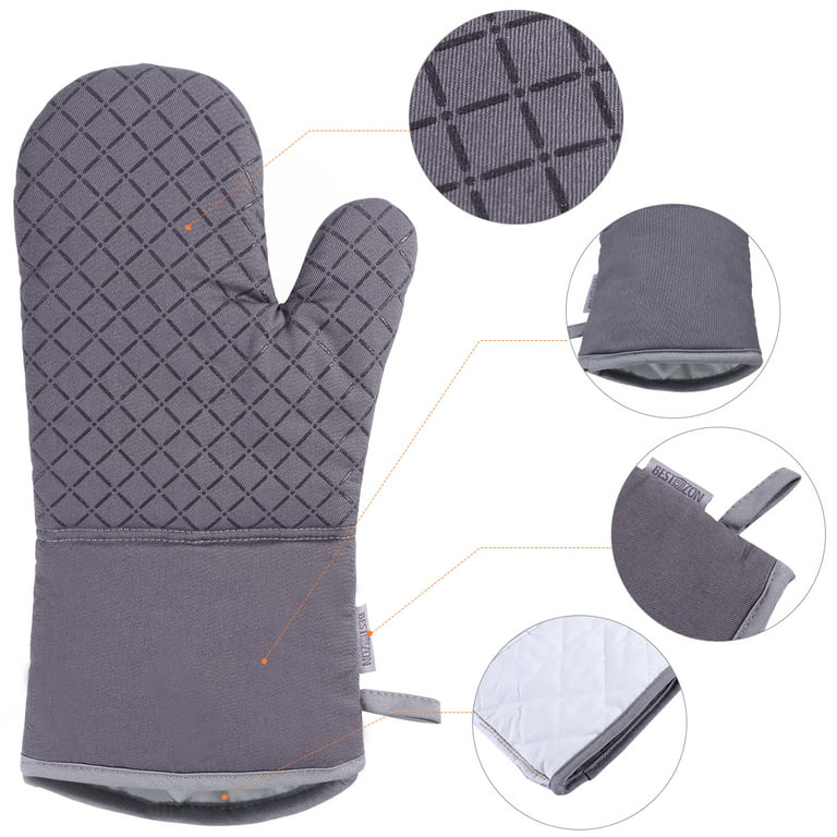 HOMWE Silicone Oven Mitt, Oven Mitts with Quilted Liner, Heat Resistant Pot Holders, Slip Resistant Flexible Oven Gloves, Gray, 1 Pair, 13.7 inch