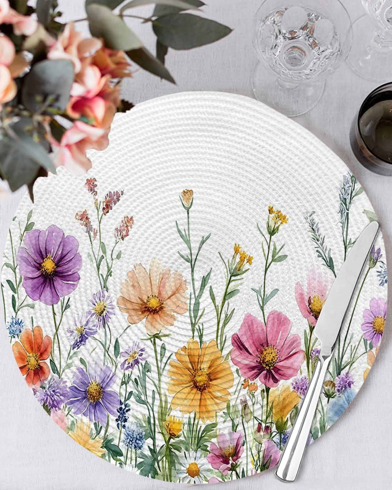 Rustic Boho Floral Round Table Placemats set of 4, Colorful Wildflower Washable Woven Place Mats for Dining Tables Kitchen Party Decor,Heat Proof, 15in,