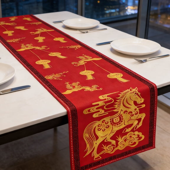 Kumdkd 2026 Year of the Horse Table Runner 13x72in, Linen Fabric with Galloping Horse Print, Festive Dining Table Decoration for Chinese New Year, Parties, & Holiday Decor