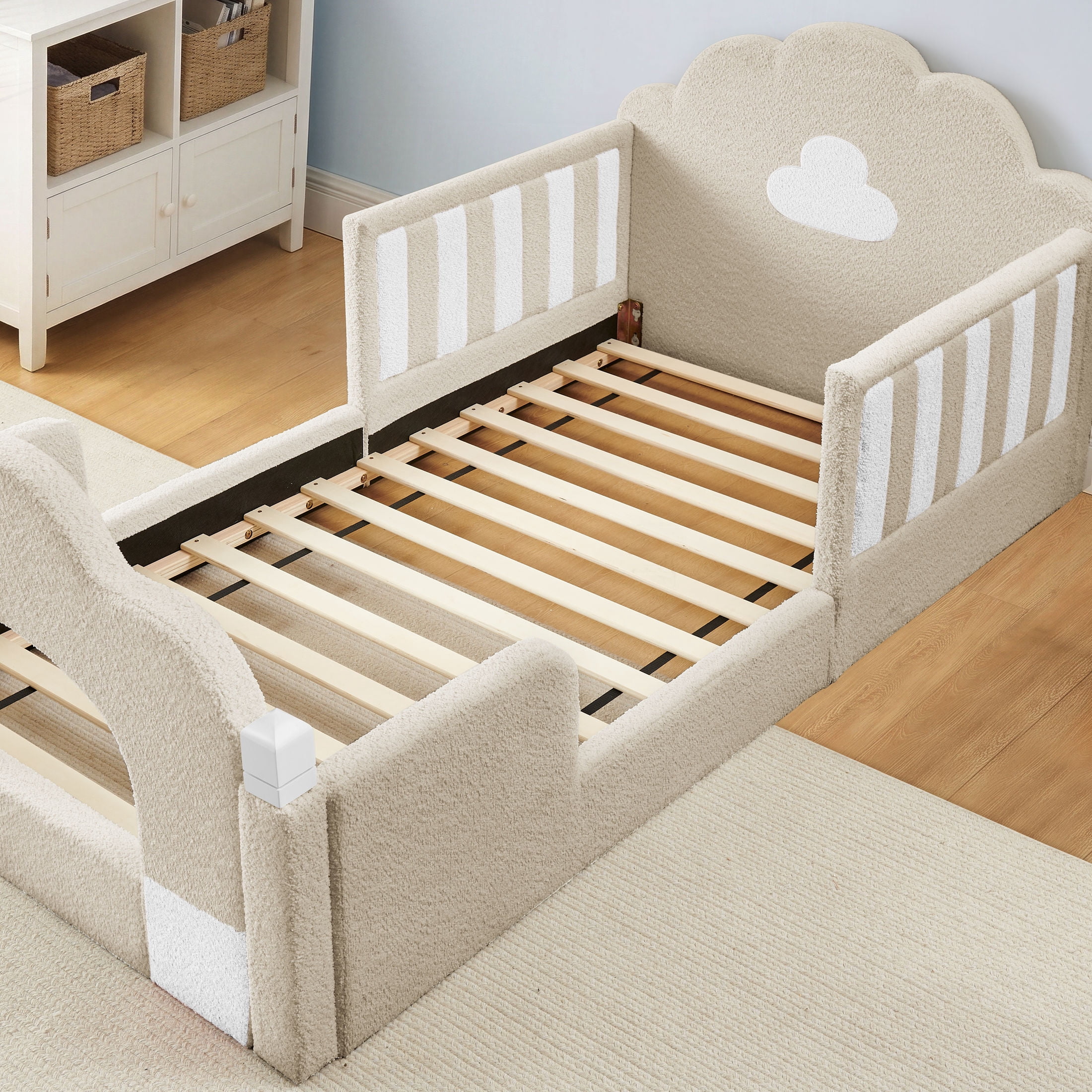 GDF Studio Arvion Twin Size Cloud Bed with Safety Guardrails & Solid Wood Frame, Boucle Fabric Upholstered Bed, Camel