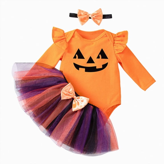 BOBOGOJP 3Pcs Baby Girl First Halloween Outfit Infant Romper Dress Bow Tutu Skirt with Headband Newborn Thanksgiving Bodysuit (Orange, 9-12 Months)