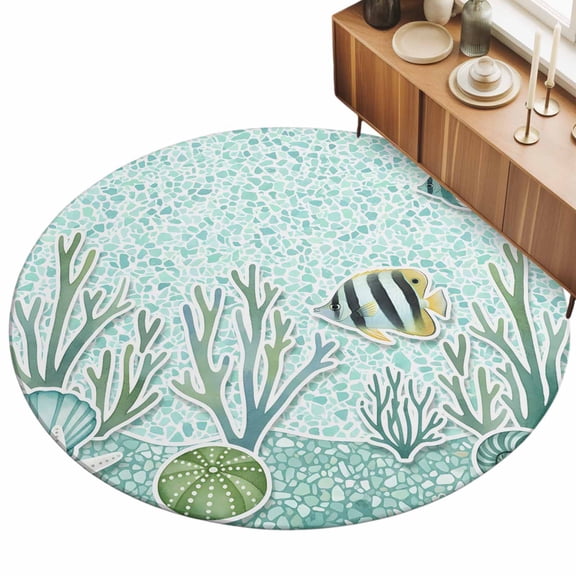 3ft Round Rug Turquoise Ocean Area Rugs for Living Room Bedroom Washable Non Slip Circle Rug Teal Green Sea Coastal Coral Starfish Shell Indoor Floor Carpet for Kitchen Entryway Office Dining Room