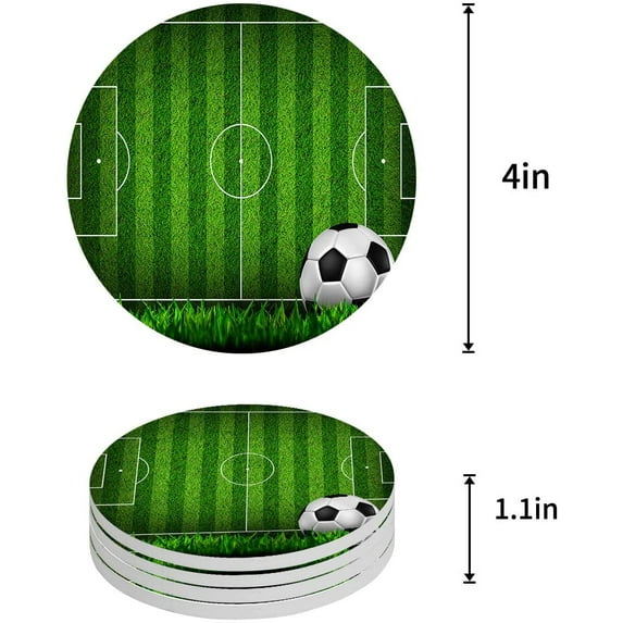 FMSHPON Green Grass Pitch Soccer Set of 8 Round Coaster for Drinks, Absorbent Ceramic Stone Coasters Cup Mat with Cork Base for Home Kitchen Room Coffee Table Bar Decor