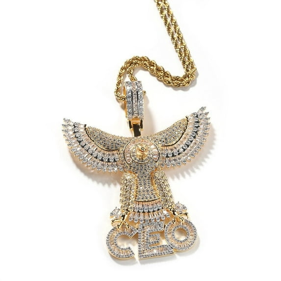 14K Gold Over Finish Simulated Diamond Iced out Bling Custom Flying Wings Eagle CEO Charm Pendant Necklace, Gift for him, Free Rope Chain