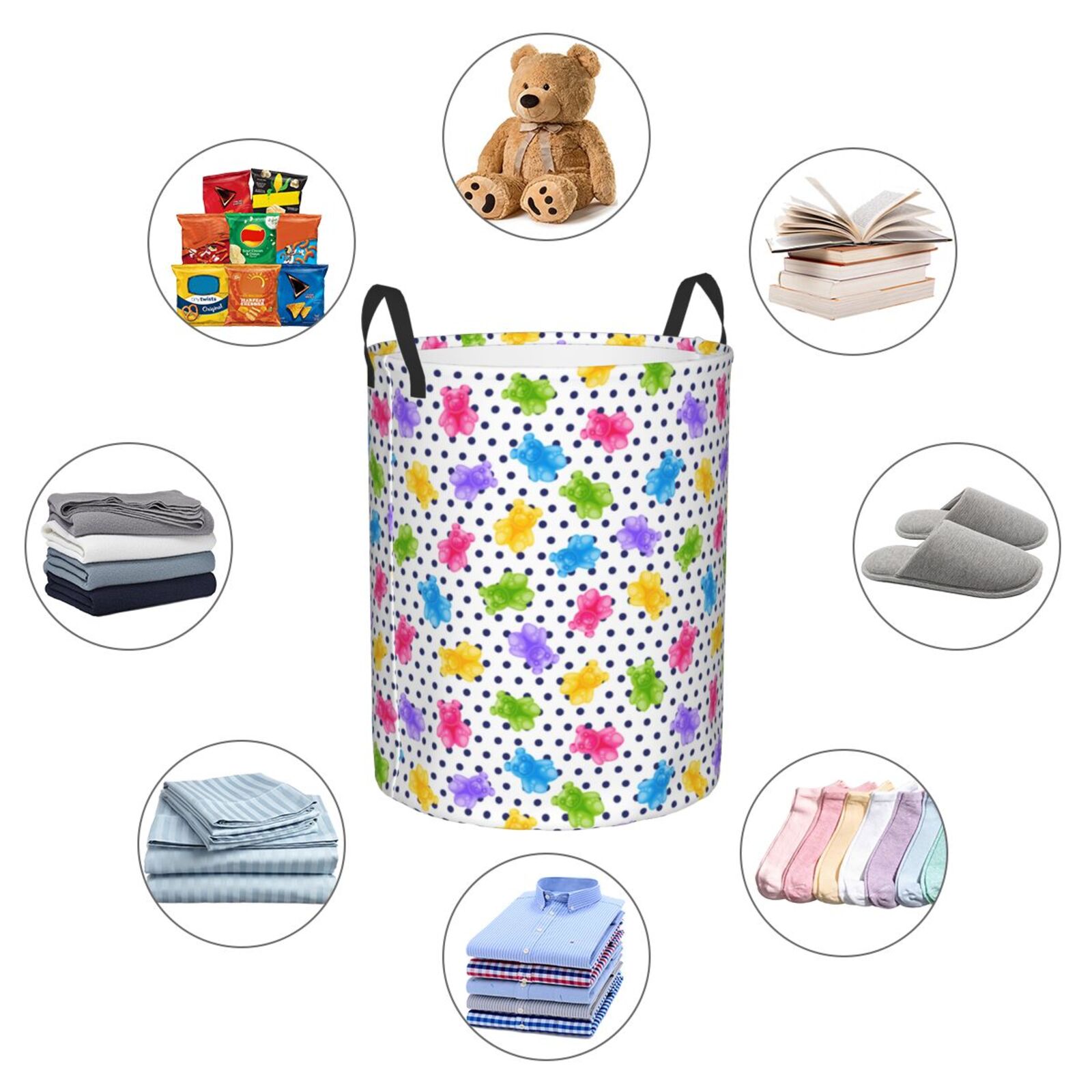 Large Laundry Basket with Handles - Bear And Polka Dot Kids Baby Dirty Clothes Laundry Hamper for Bedroom Aesthetic