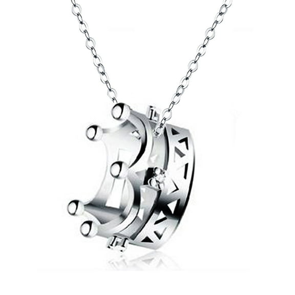 14K White Gold-Plated Princess Crown Pendant Necklace for Women
