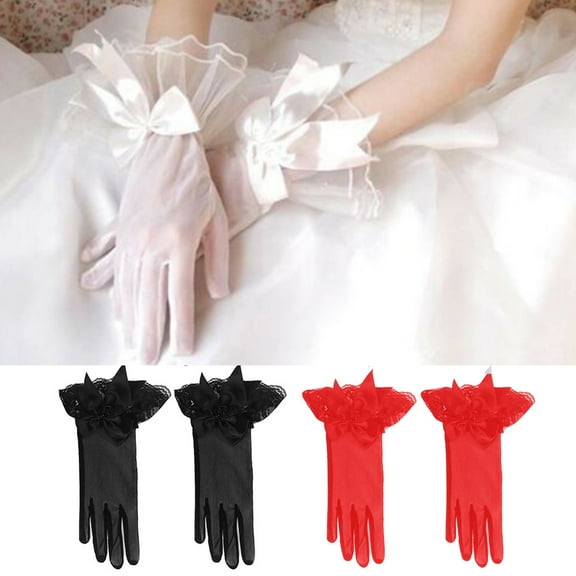 D-GROEE 3Pairs Lace Floral Bow Gloves Elegant Short Lace Gloves Courtesy Summer Gloves for Wedding Dinner Party