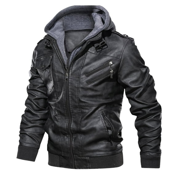 Fgnfyis Mens Leather Coat Winter Leisure Thick Hooded Zipper Lapel Short Autobike Coat Warm Daily Top Large Size Mens Winter Coats Black L