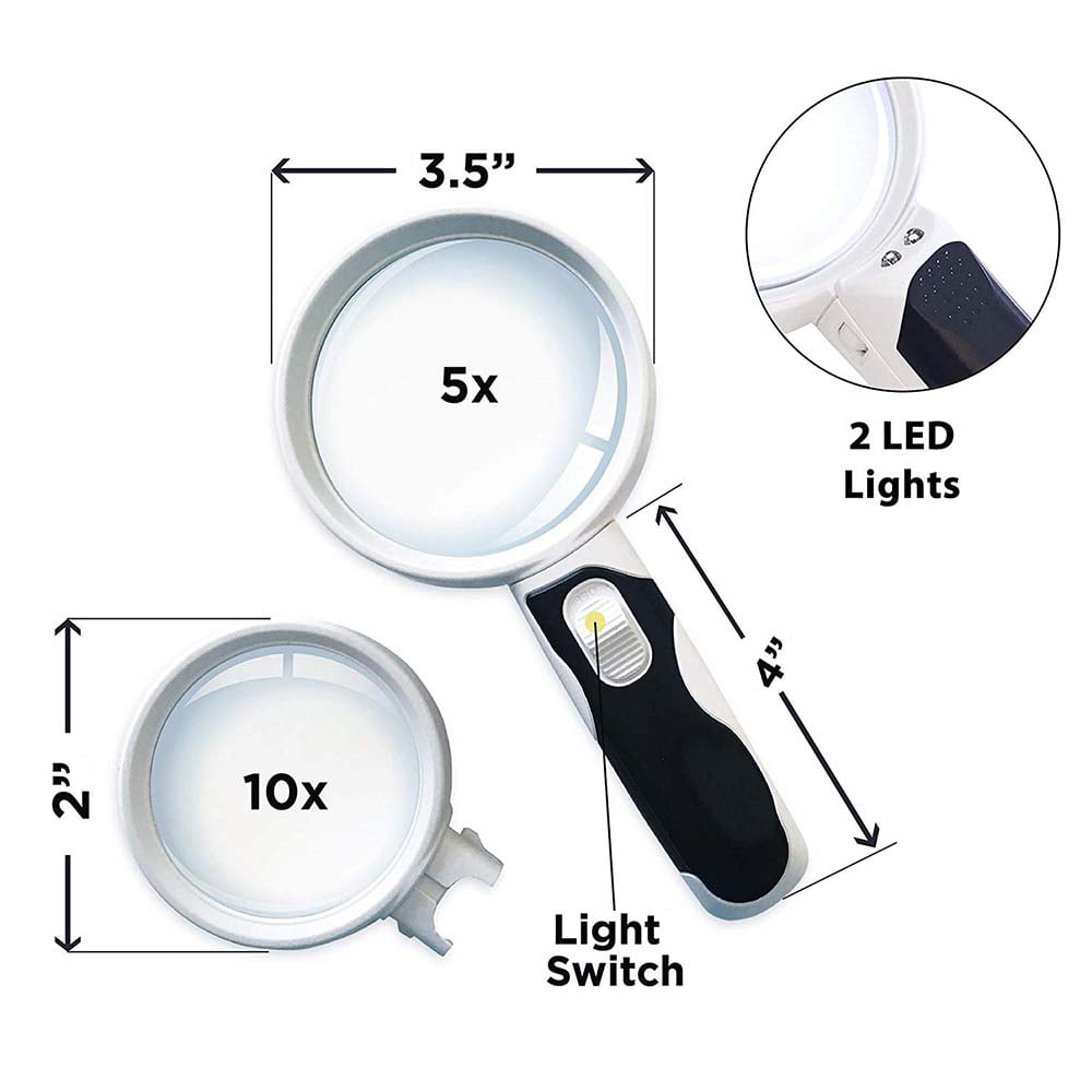 5X LED Magnifying Glass GXOK 10X for Reading Book Inspection Coins Insects Rocks Map Crossword Puzzle Illuminated 2 Lens Best Magnifier Set with Lights,Best Gift 