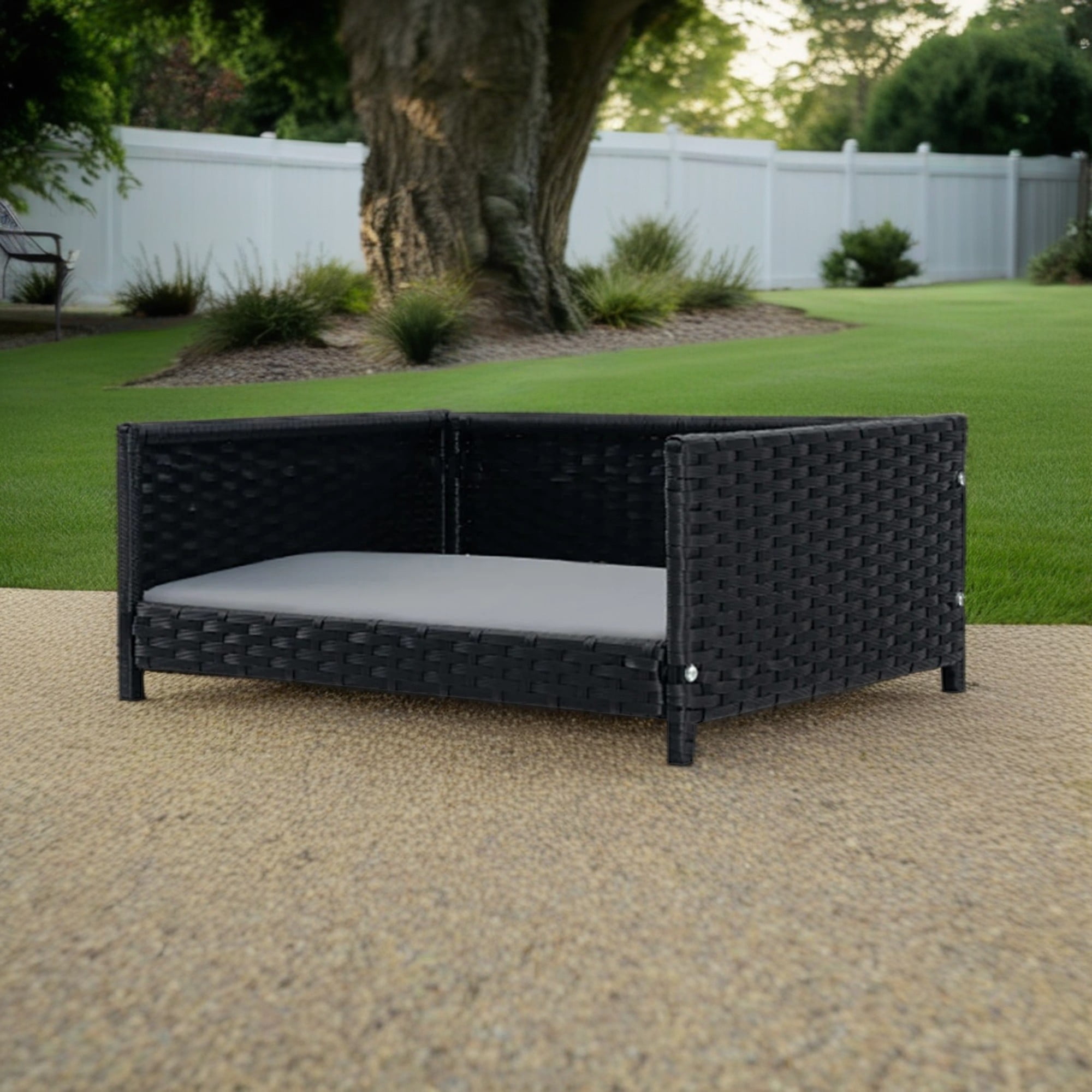 resenkos 24" Rattan Dog Bed with Waterproof Soft Cushion, Seasonal PE Wicker Pet Furniture for Cat and Dog House/Kennel, Dark Gray