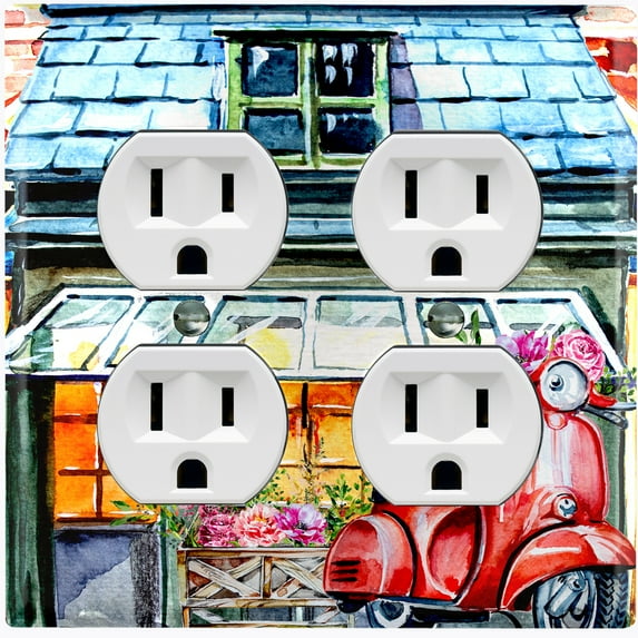 Metal Light Switch Wall Plate Outlet Cover (Coffee Mocha Espresso Shop Cafe Vintage Store Front Flower - Double Duplex)