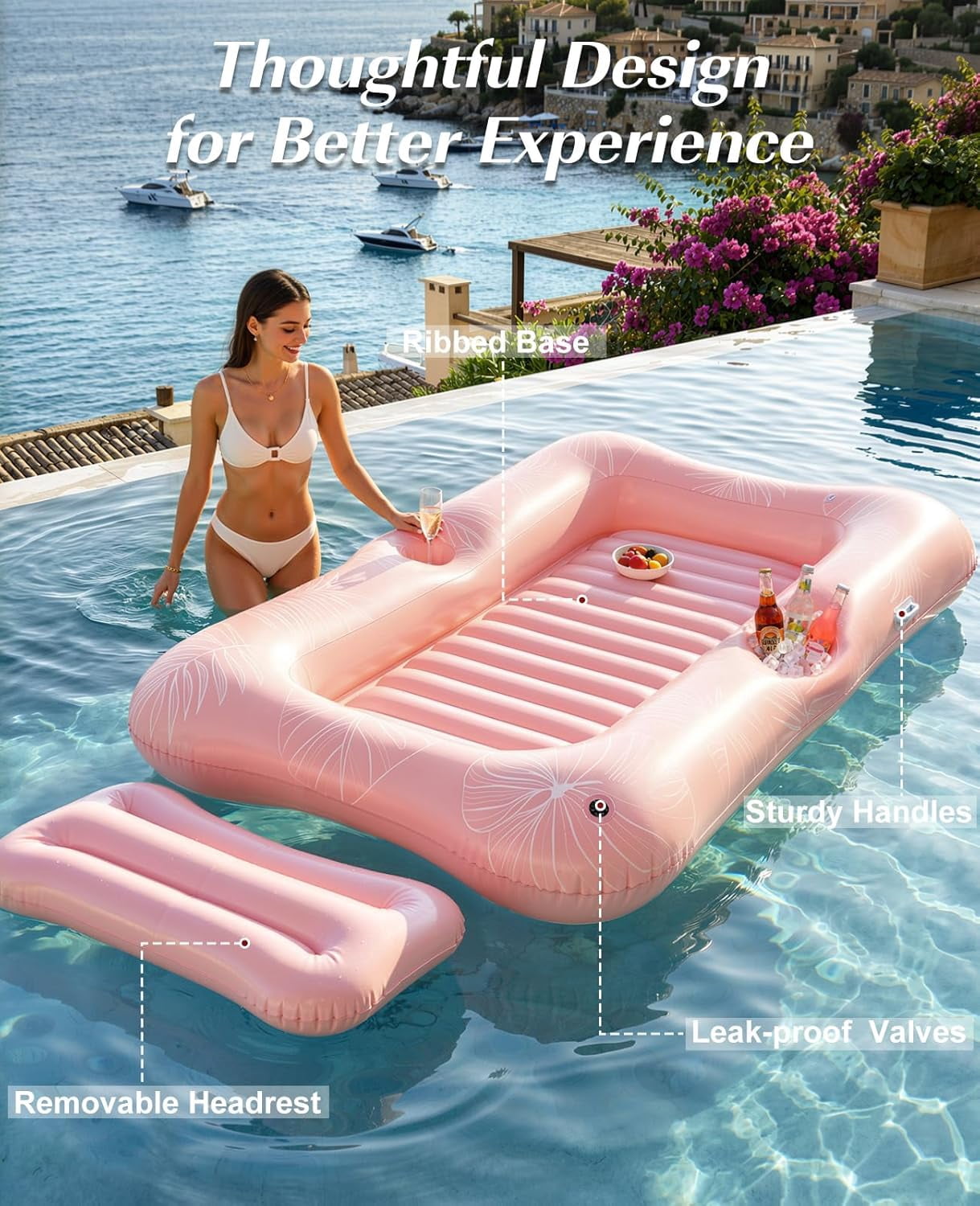 Inflatable Tanning Pool Lounger Float, Suntan Tub for Adults, Blow Up Sunbathing Pool with Integrated Pillow and Cup Holder, Heavy Duty Tanning Bed for Backyard Lake Beach
