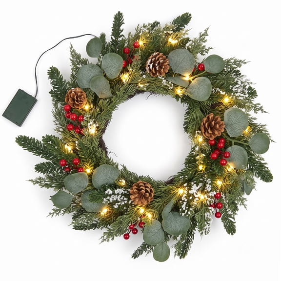 Anjinsoft 24 Inch Pre-lit Artificial Flocked Christmas Wreath with Timer for Front Door Window Wall Indoor Outdoor Xmas Holiday Decor