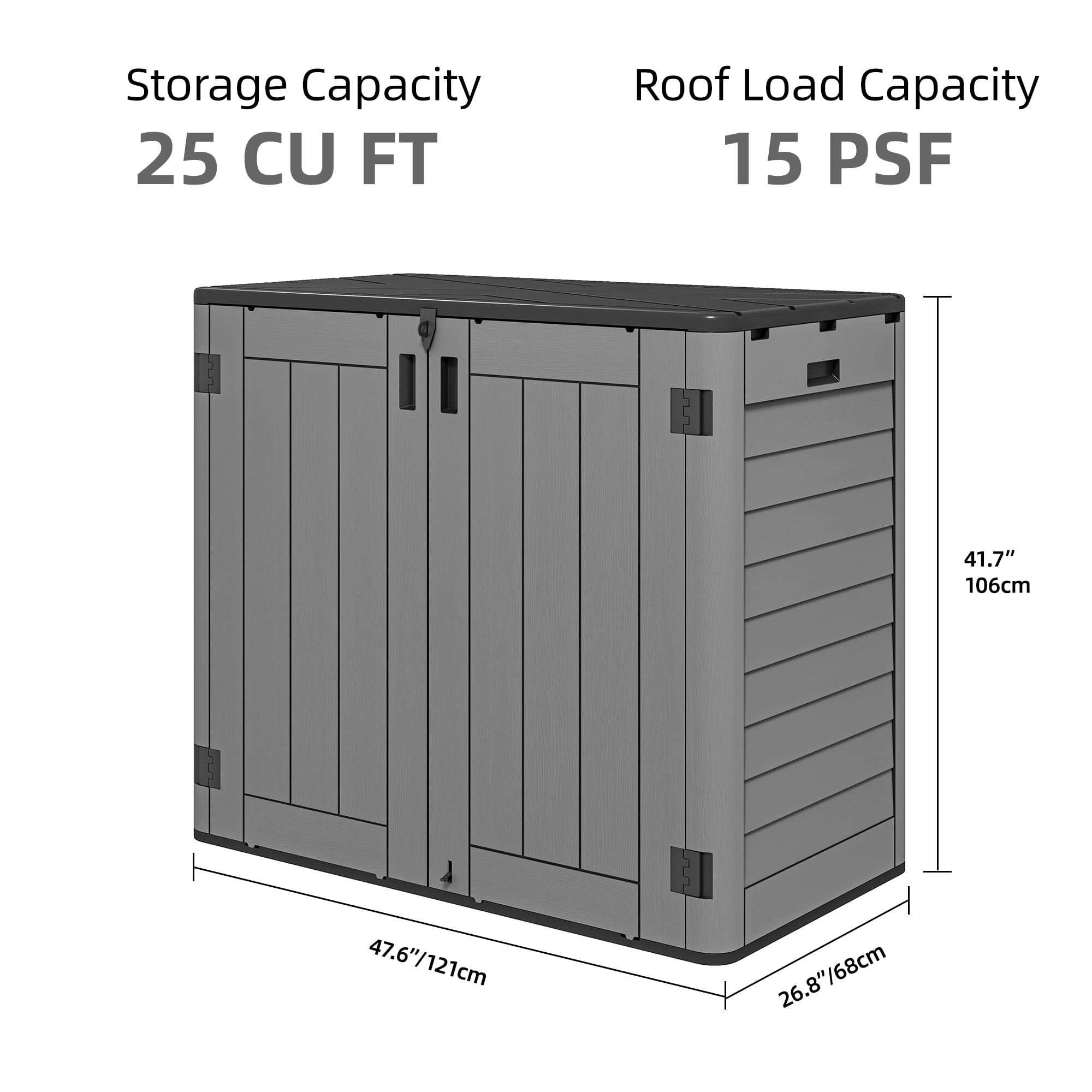 UFORIC Outdoor Storage Shed, 25 Cu.ft without Shelving, Garden Tool Poolside, Horizontal, Dark Gray Black