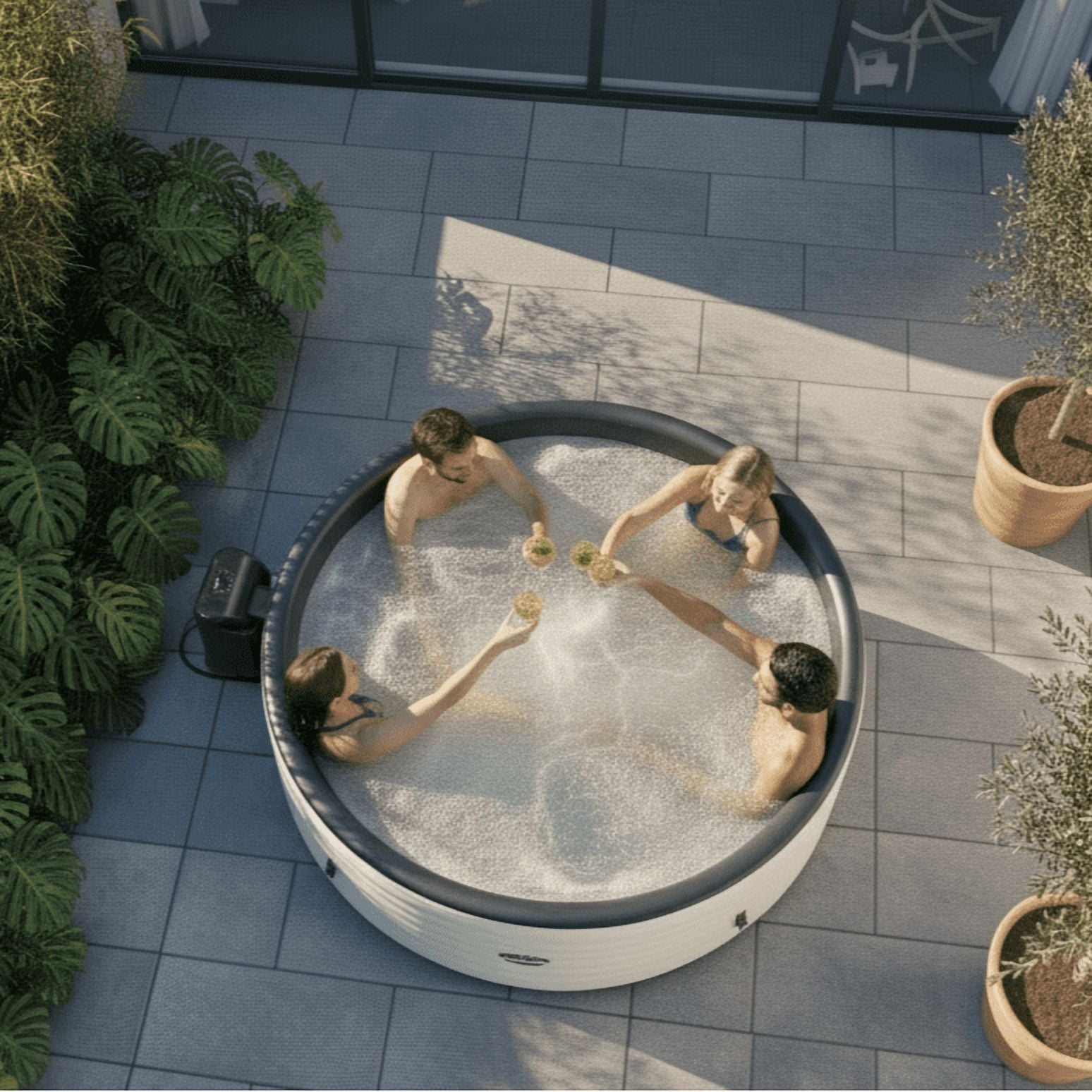 Wave Ontario 6-Person Round Drop-Stitch Hot Tub | 130-Jet Inflatable Spa | White Herringbone