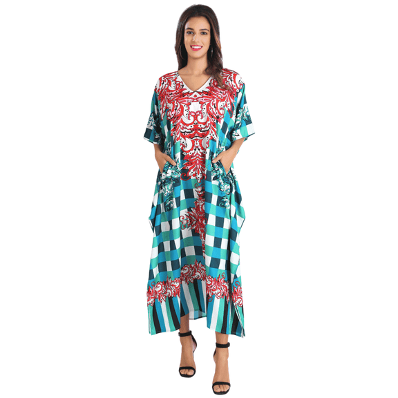 Miss Lavish London Women’s Floral Ethnic Polyester Kaftan Dress with V Neck & Side Slits- Teal, XL