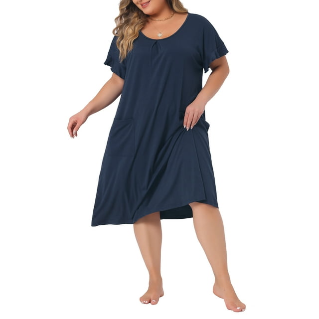 Agnes Orinda Camisones de Mujer Talla Grande Pijamas de Manga Corta Cuello en V Camisón Suave con Bolsillos 4X Azul Marino