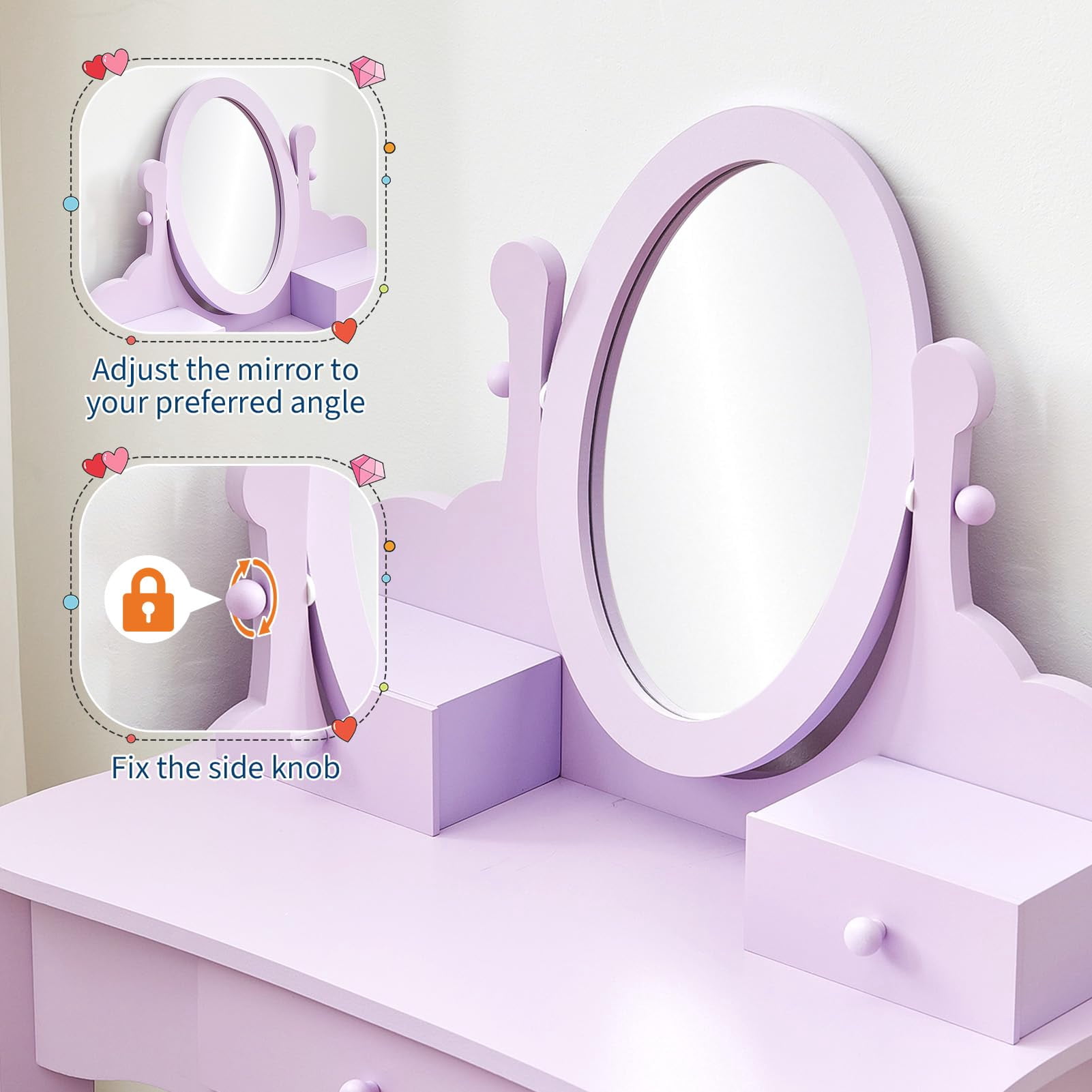 Princess Vanity Set for Little Girls – Complete Makeup Dressing Table & Stool Playset Perfect Pretend Play Station for Ages 3-9