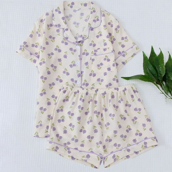 Feancey 2 Piece Pj Set for Women Cute Heart Print Button Down Shirt and Shorts Matching Sets Valentines Day Teen Girls Casual Loungewear Outfit Summer Clearance Novelty Gifts Purple L