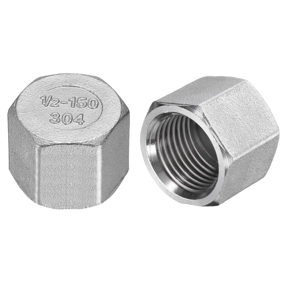 2 Pcs Hex End Cap 304 Stainless Steel Nut, NPT 1/2" Female Thread Pipe Fitting