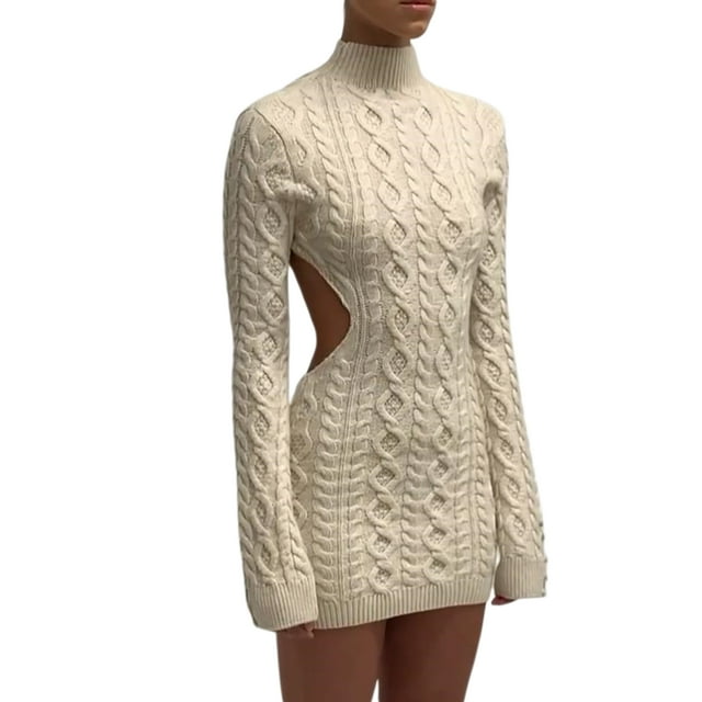 Faithtur Robe Chandail pour Femmes à Col Roulé, Tricot Torsadé, Manches Longues, Dos Nu, Robe Chandail Ajustée, Robes Tricotées, P/ M/ L/ TG
