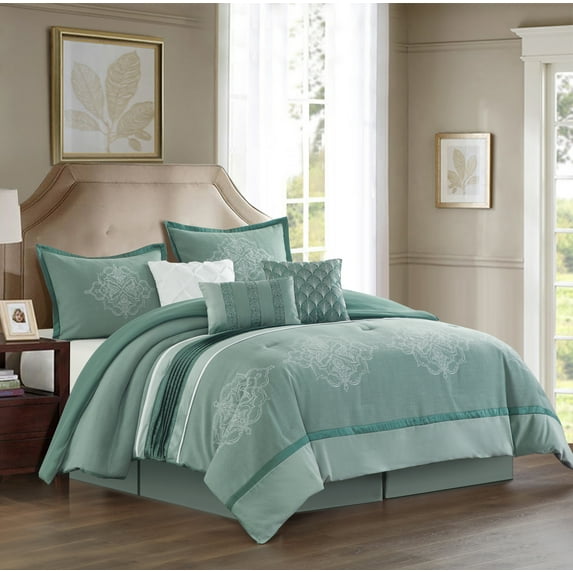 Lanco Kira Jacquard 7-Piece Comforter Set, Aqua, California King, 100% Polyester Fill