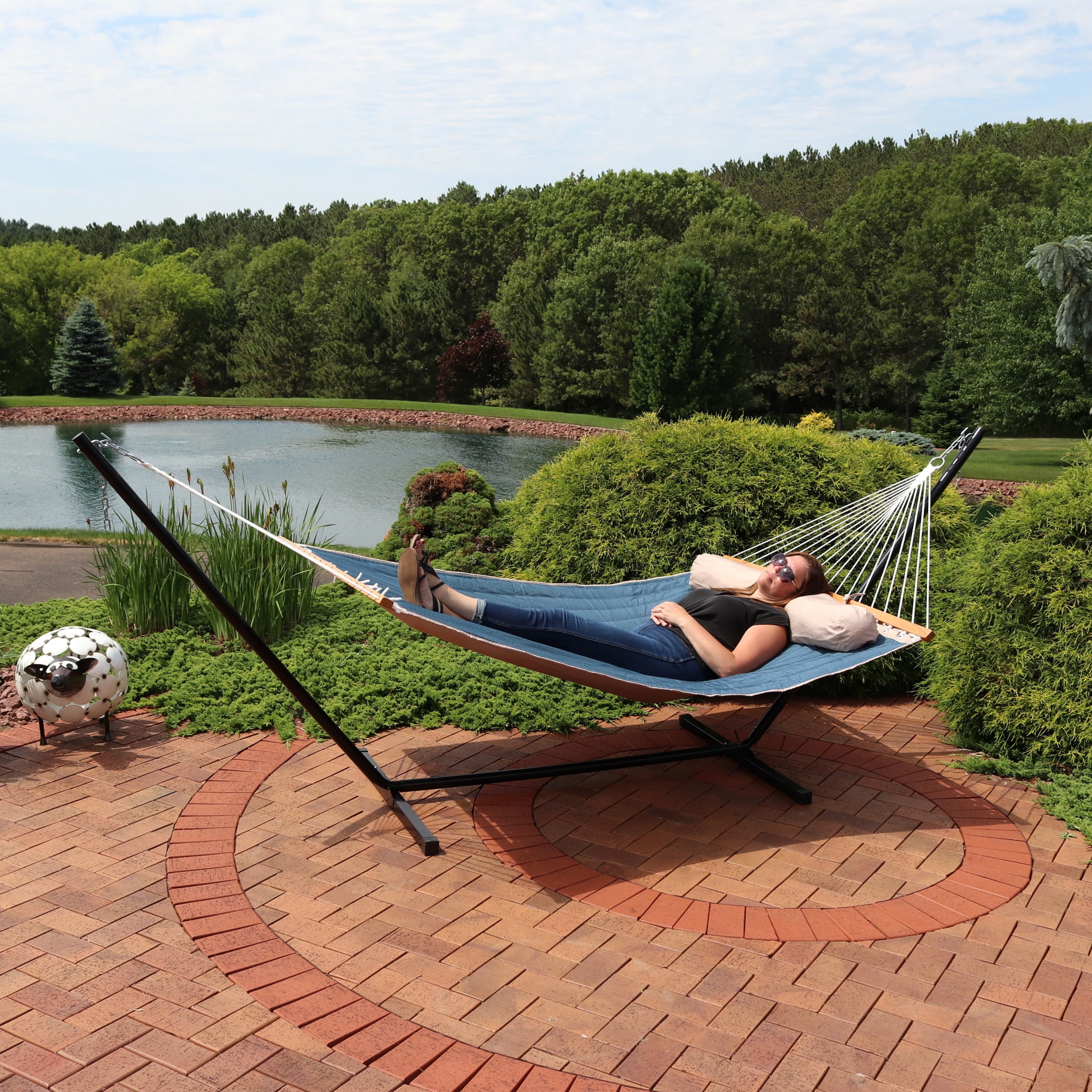 Sunnydaze 2-Person Quilted Polyester Spreader Bar Hammock, 440 lb - Tidal Wave