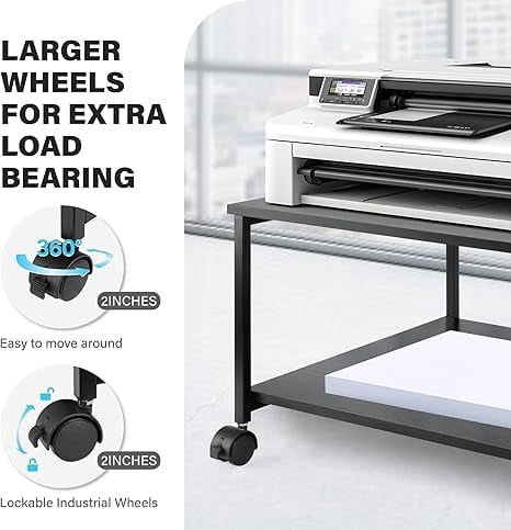 Heavy Duty  Printer Stand with Locking Wheels,  Large Printer Table Shelf, Holds 100 lbs per Shelf - Fits Most 60" Desks, Perfect for Office, Home, Laser Printer or Mini Fridge