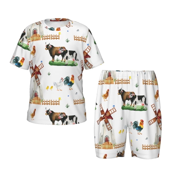 Balery Cute Farm Conjunto de Pijama Infantil de Manga Corta con Estampado – Ropa de Dormir de Algodón Suave-Large