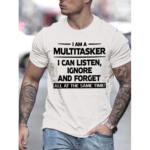 Multitasker Graphic T-Shirt for Men - Casual Crew Neck Tee with Humorous Print, Knit Fabric, Slight Stretch, Regular Fit for Adult - Perfect for Summer