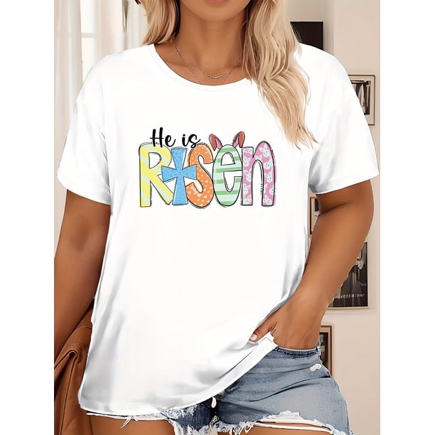 Easter Plus Size Letter Print T-shirt, Short Sleeve Crew Neck Casual Top For Summer & Spring, Women's Plus Size Clothing Tee For Adult, Men, Women, Teen, Teenager, Adolescent, Youth