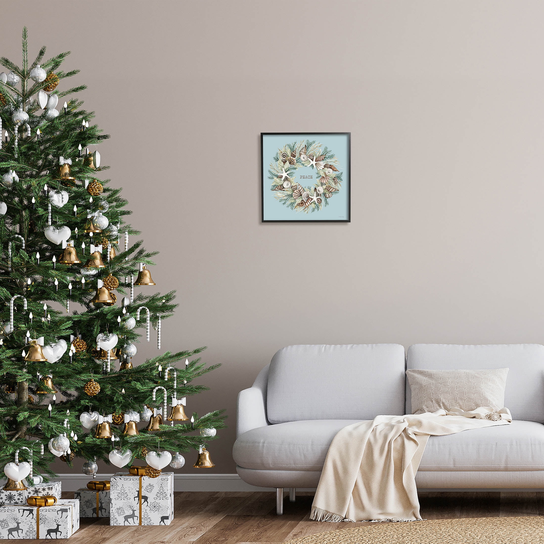 Coastal Holiday Peace Wreath Holiday Graphic Art Black Framed Art Print Wall Art