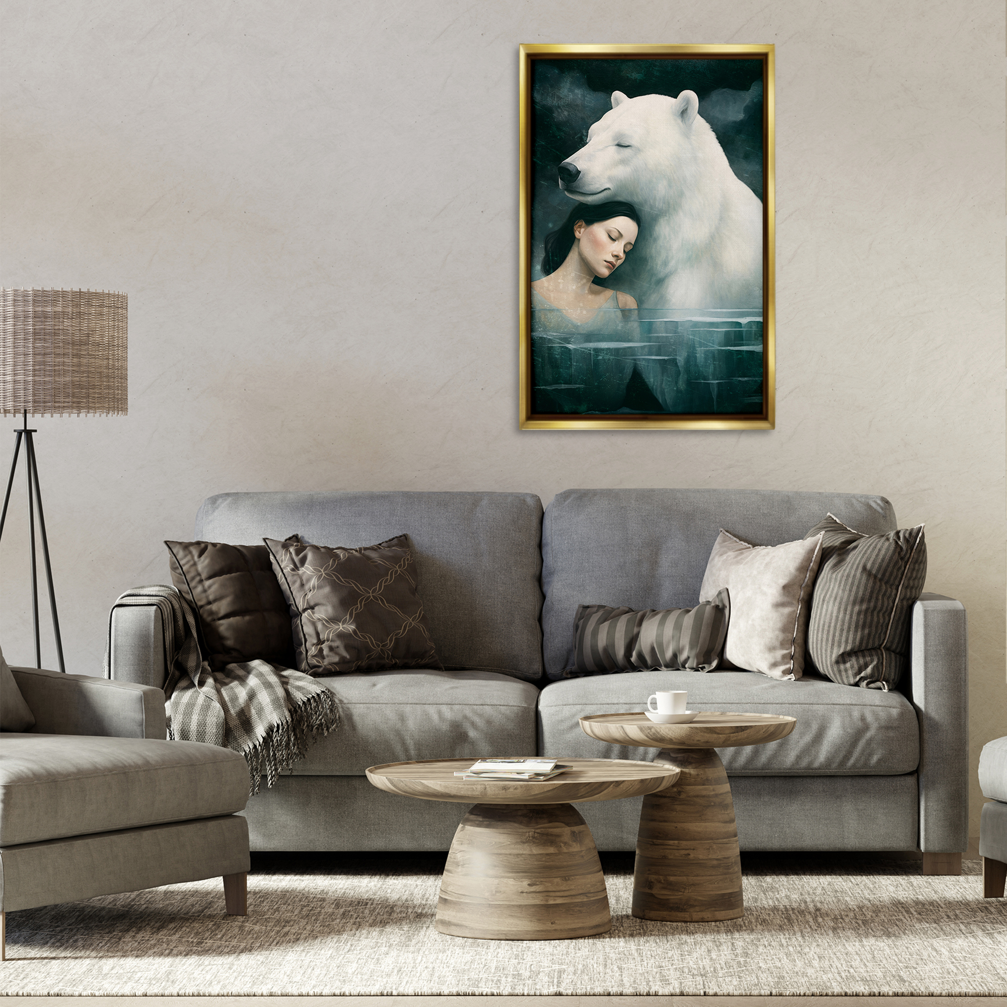Stupell Industries Polar Bear & Woman Animals Painting Gold Floater Framed Canvas Art Print Wall Art, 21 x 31