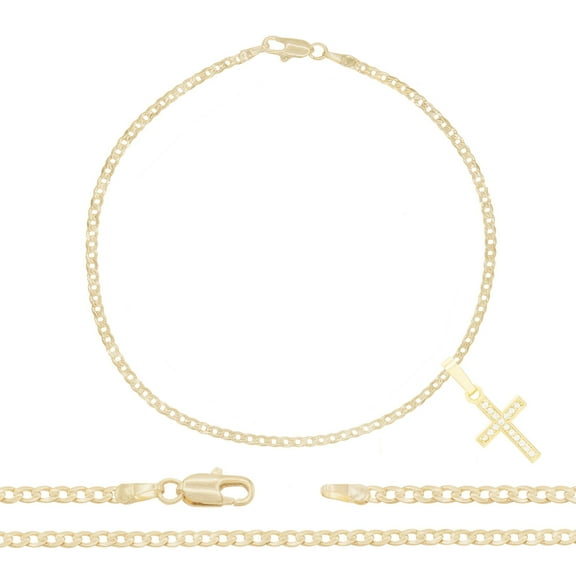 BEBERLINI Women Cross CZ Charm Anklet 14K Gold Filled Cuban Chain Ankle Bracelet Jewelry