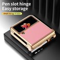 thumbnail image 6 of MonsDirect for 6.7 inch Samsung Galaxy Z Flip 3 5G 2021 Case with A Capacitance Pen, Two Hinge Protection Plating PC Frame Leather Grain Shockproof with S Pen Holder for Galaxy Z Flip 3, Gold Pink, 6 of 7