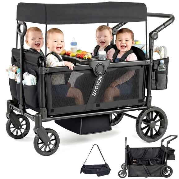 SACVON 4-Seater Stroller Wagon with Side Entry, Canopy & Snack Tray, Includes Detachable Storage Bag That Converts to a Backpack–Black