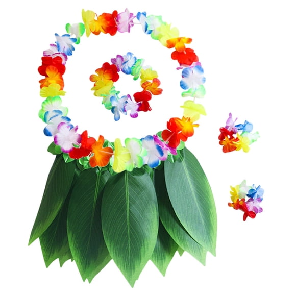 SHOWERORO 5pcs Hawaiian Luau Costume Set in Green Flower Fabric Silk for Beach Party