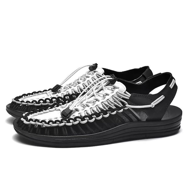 Sandalias unisex Pareja Sandalias de moda Sandalias transpirables huecas tejidas Sandalias de playa para mujer Sandalias para hombre Sandalias planas para exteriores-Negro Blanco-45 Computadora Computadora Computadora portátil