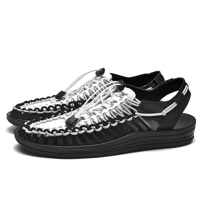 Sandalias unisex Pareja Sandalias de moda Sandalias transpirables huecas tejidas Sandalias de playa para mujer Sandalias para hombre Sandalias planas para exteriores-Negro Blanco-41 Computadora Computadora Computadora portátil
