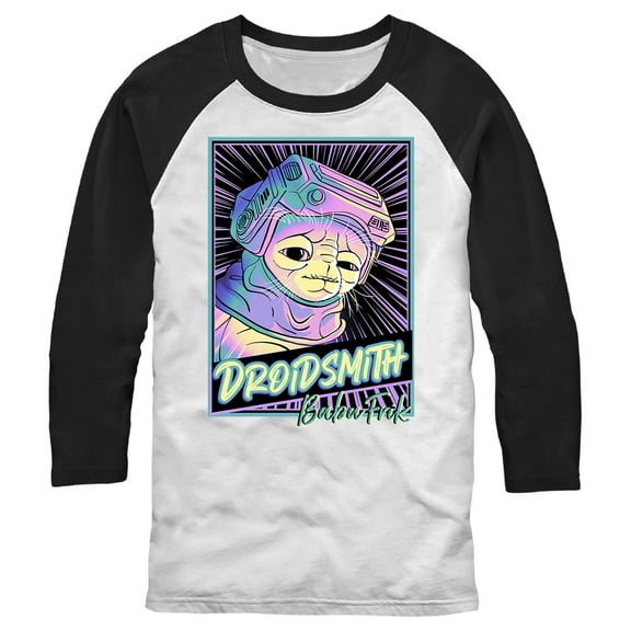Men's Star Wars: The Rise of Skywalker Babu Frik Neon Poster Baseball Graphic Tee White/Black Small