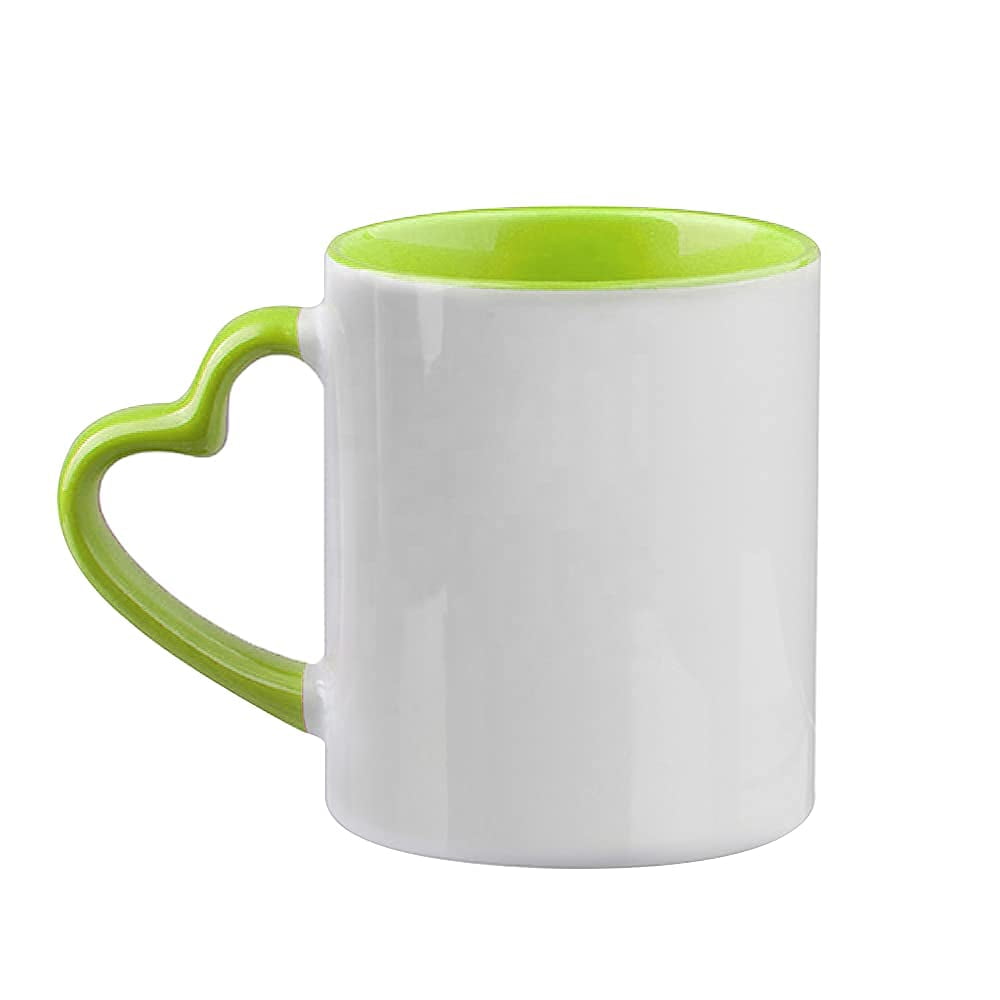 MR.R 11oz Set of 6 Sublimation Blank Coffee Mugs,Cup Blank White Mug Cup with Green Inner Color Mug and Heart Handle