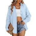 thumbnail image 2 of adviicd Womens Shirt Long Sleeve Oversized Button Up V Neck Loose Blouses Tops Blue, L, 2 of 5