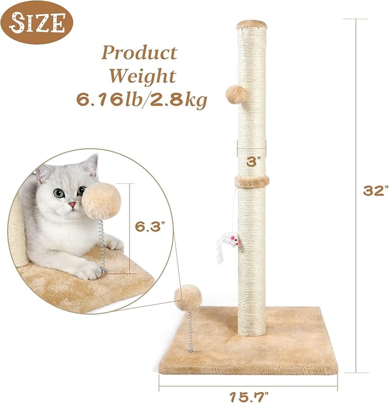 32" Tall Cat Scratching Posts for Indoor Cats, 3-in-1 Cat Scratching Post with Plush Toys, Premium Sisal Post for Cats at All Ages with Reinforced Stable Base