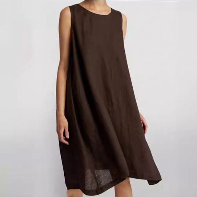 LOVZFMLL Robes Femmes Couleur Unie Décontractée et Poches en Lin Robe Sans Manches Col Rond