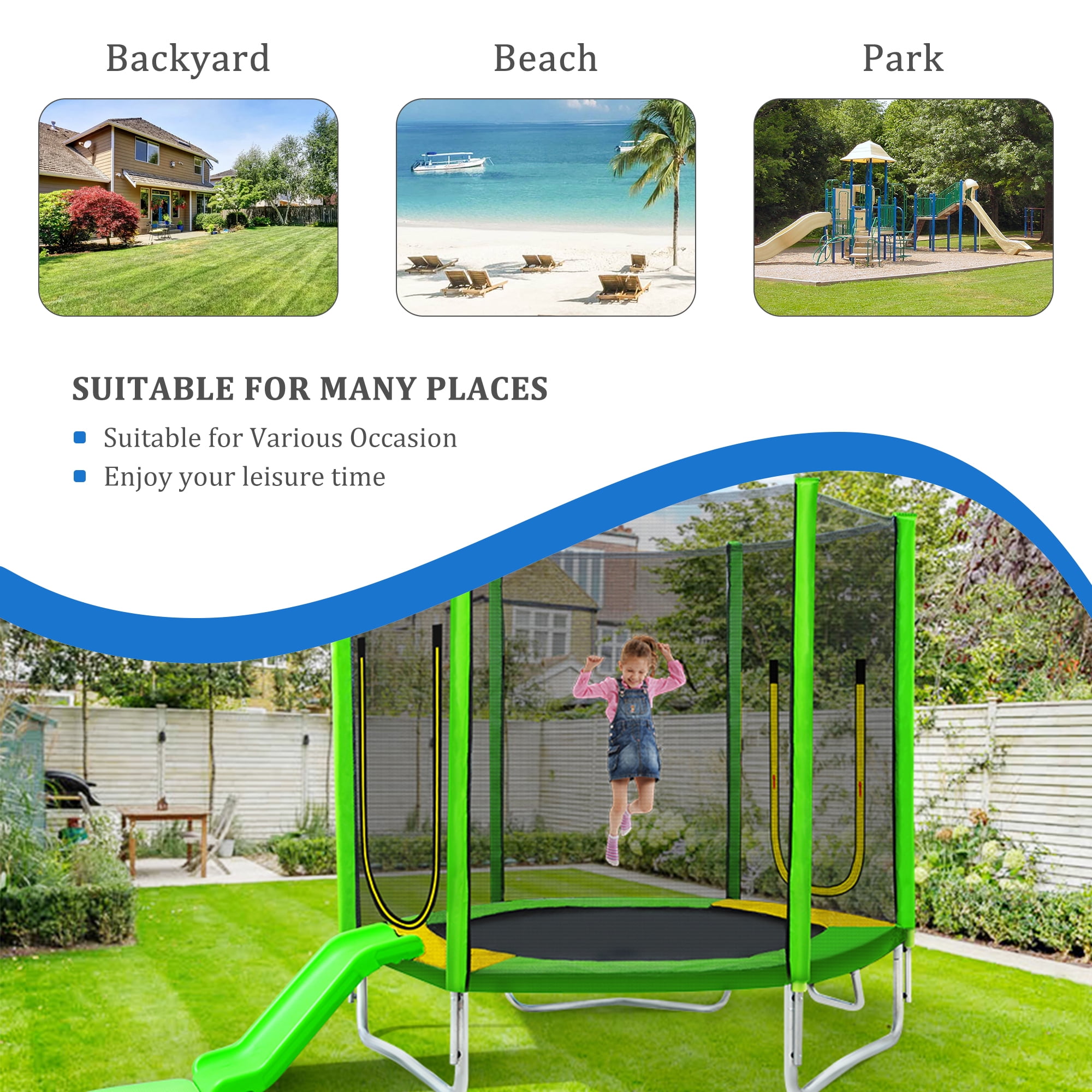 Kadyn 7FT Jumping Toddler Trampoline with Slide and Ladder, Kids Outdoor Trampoline with Safety Enclosure Net, Green